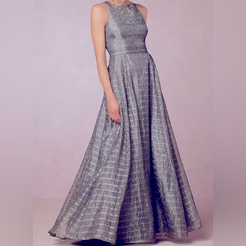 Aidan Mattox Metallic Silver High-Neck Prom Gown